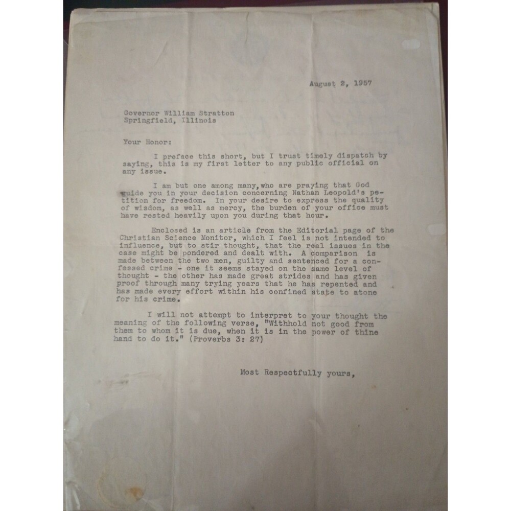 1957 Nathan Leopold Parole Clemency Archive Gov. William Stratton Letter Signed